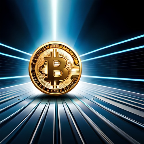 A bitcoin coin in beams of blue light