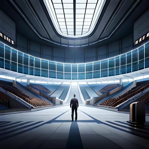 A gamer facing an arena during an esport tournament