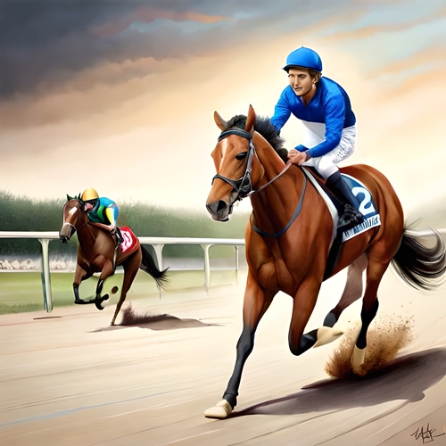 Two horses racing at a racecourse