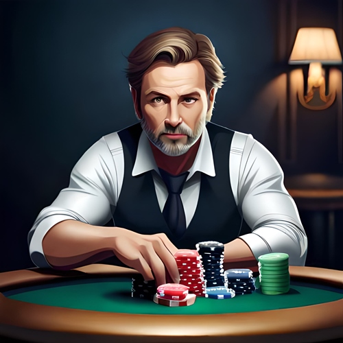 A poker player in front of a table with his chips